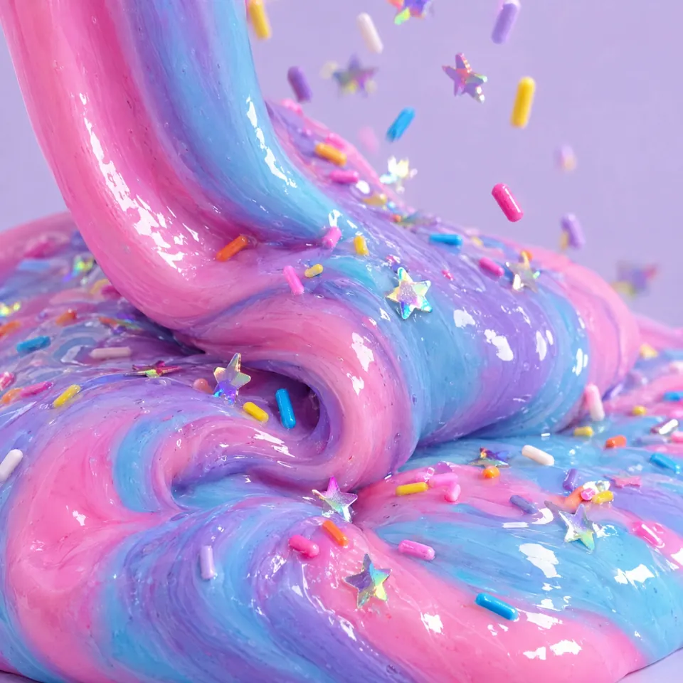 Glossy pink, lavender and blue slime folding over itself while sprinkles and star sequins fall on it